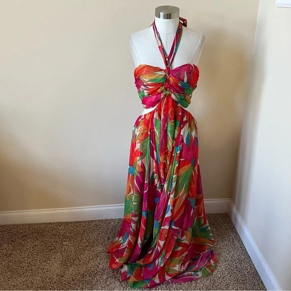 Ronny Kobo Floral Patterned Halter maxi Dress gown Pink Green 26129